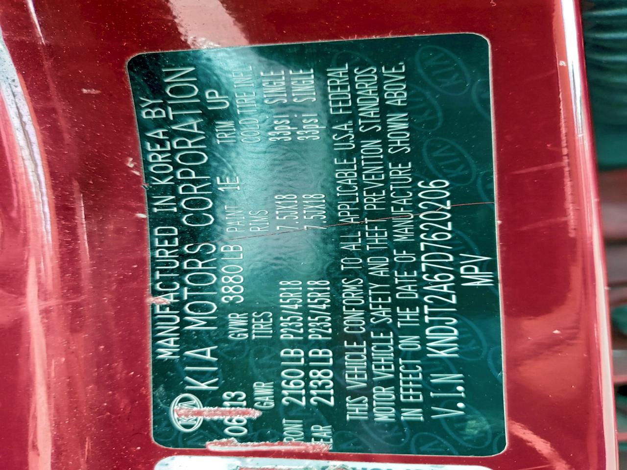 2013 Kia Soul + VIN: KNDJT2A67D7620206 Lot: 96776735