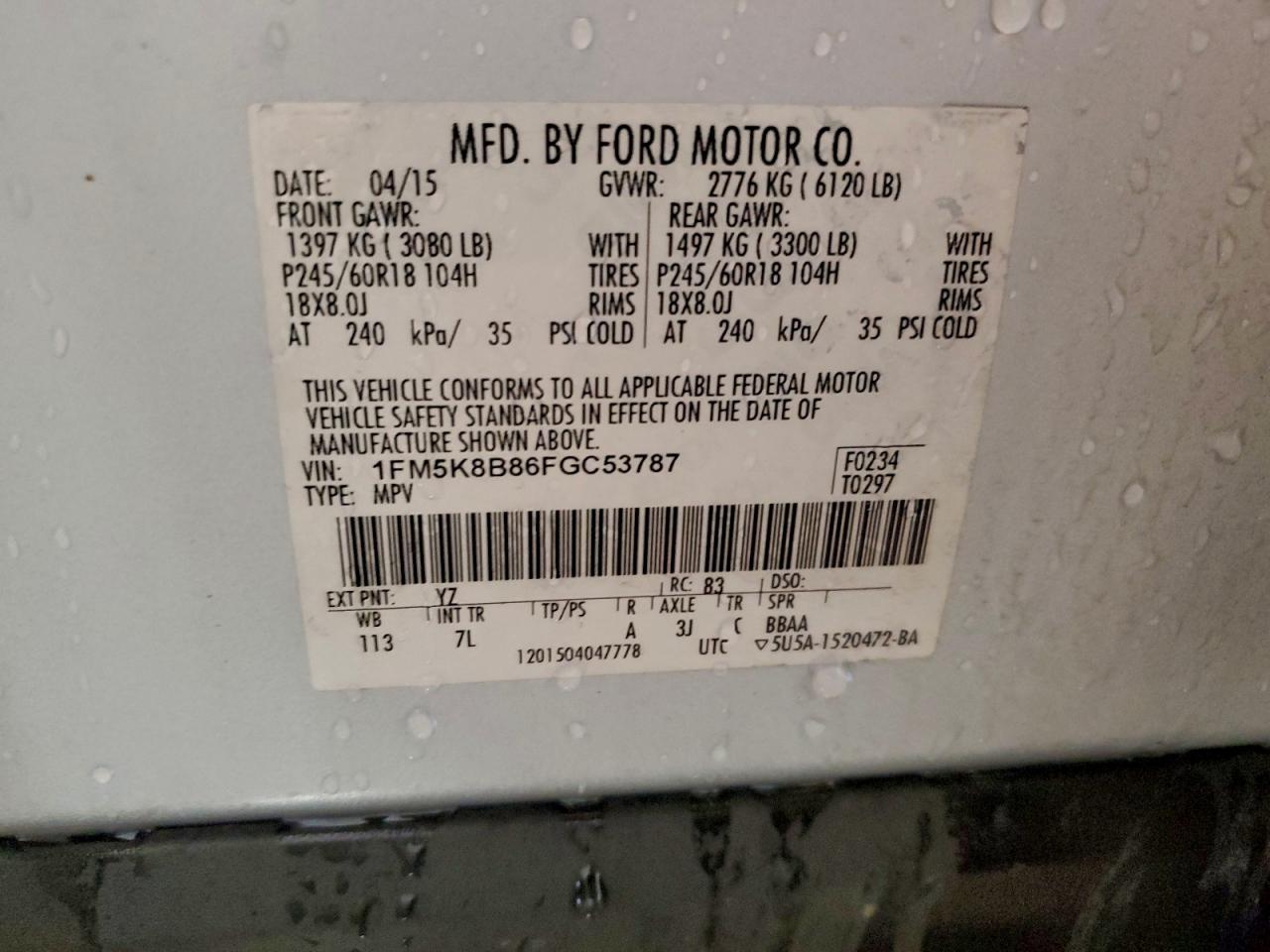 2015 Ford Explorer VIN: 1FM5K8B86FGC53787 Lot: 95628825