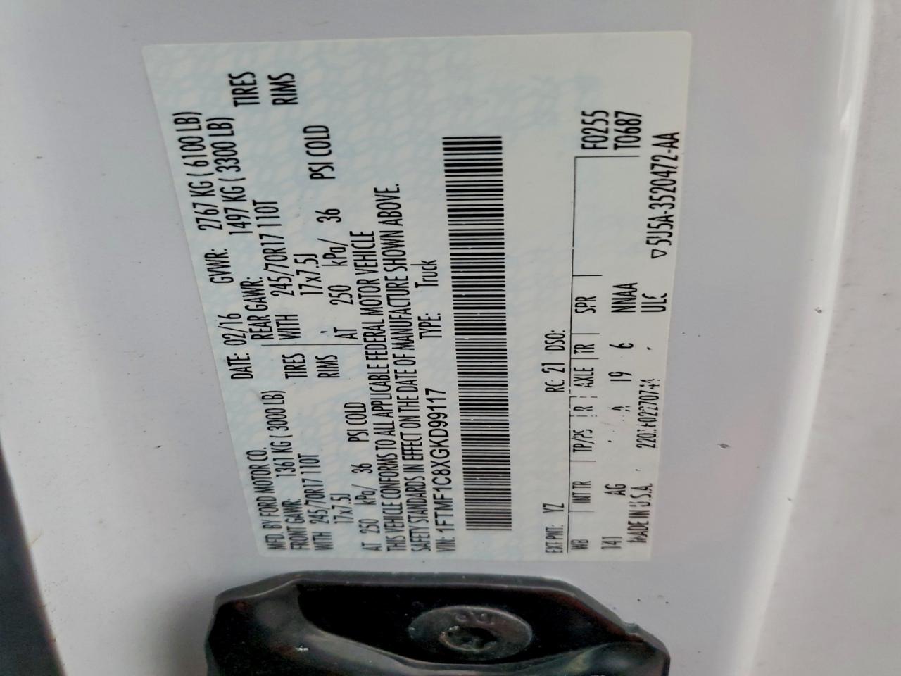 2016 Ford F150 VIN: 1FTMF1C8XGKD99117 Lot: 97355475