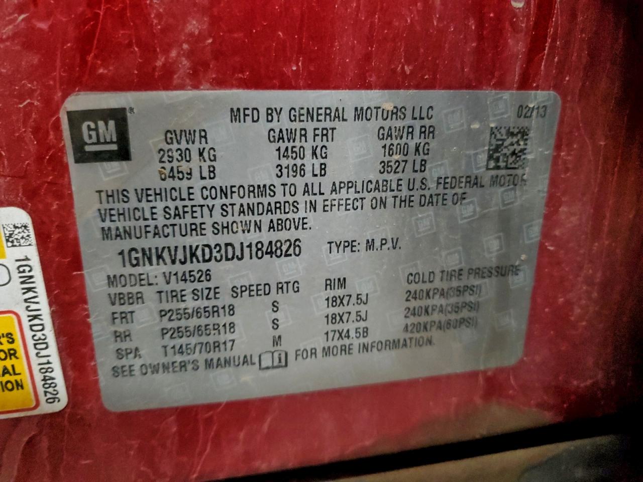 2013 Chevrolet Traverse Lt VIN: 1GNKVJKD3DJ184826 Lot: 95260075