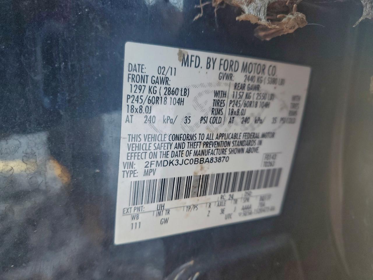 2011 Ford Edge Sel VIN: 2FMDK3JC0BBA83870 Lot: 97453915