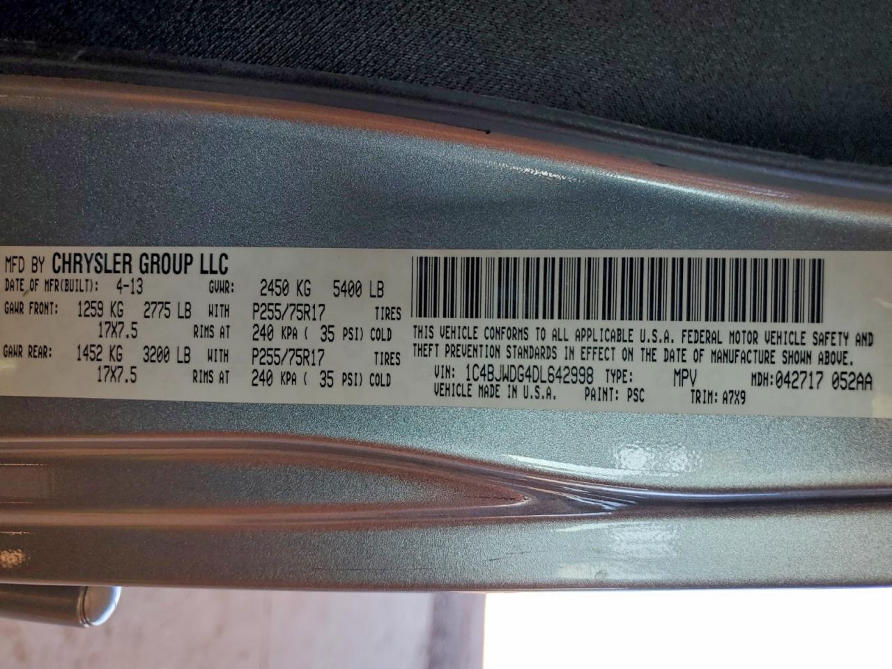 2013 Jeep Wrangler Unlimited Sport VIN: 1C4BJWDG4DL642998 Lot: 96710245