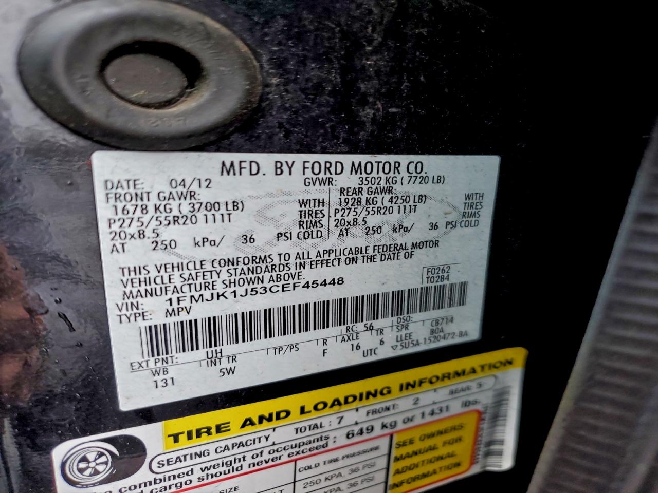 2012 Ford Expedition El Xlt VIN: 1FMJK1J53CEF45448 Lot: 95315685