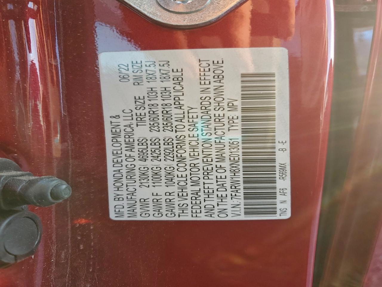 2022 Honda Cr-V Exl VIN: 7FARW1H8XNE013051 Lot: 95389485