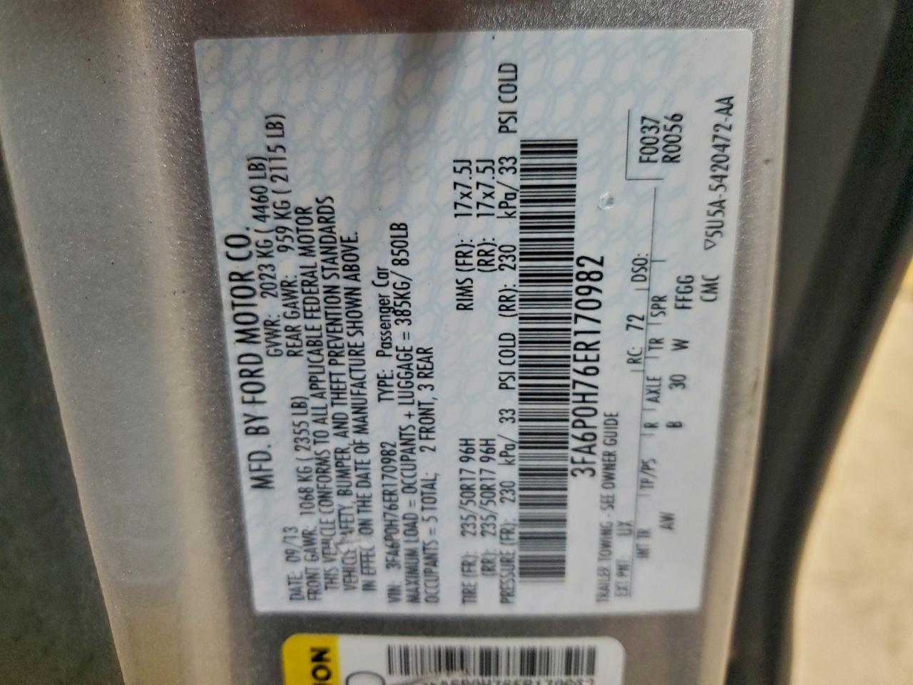 2014 Ford Fusion Se VIN: 3FA6P0H76ER170982 Lot: 95098935