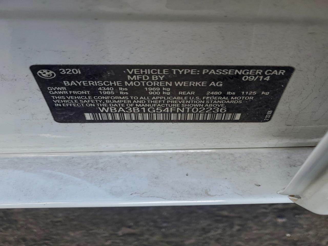 2015 BMW 320 I VIN: WBA3B1G54FNT02236 Lot: 96807535