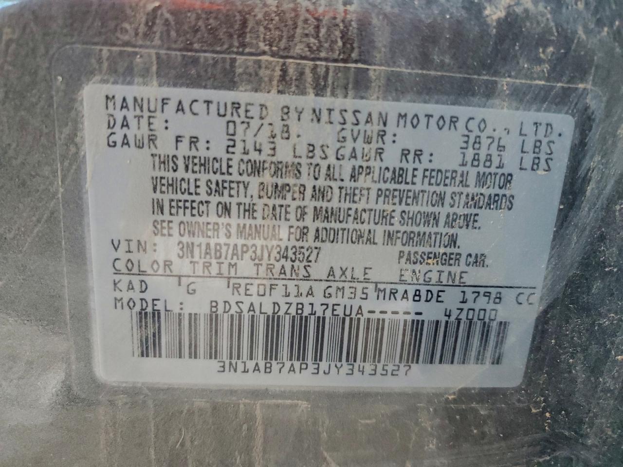 2018 Nissan Sentra S VIN: 3N1AB7AP3JY343527 Lot: 96549765