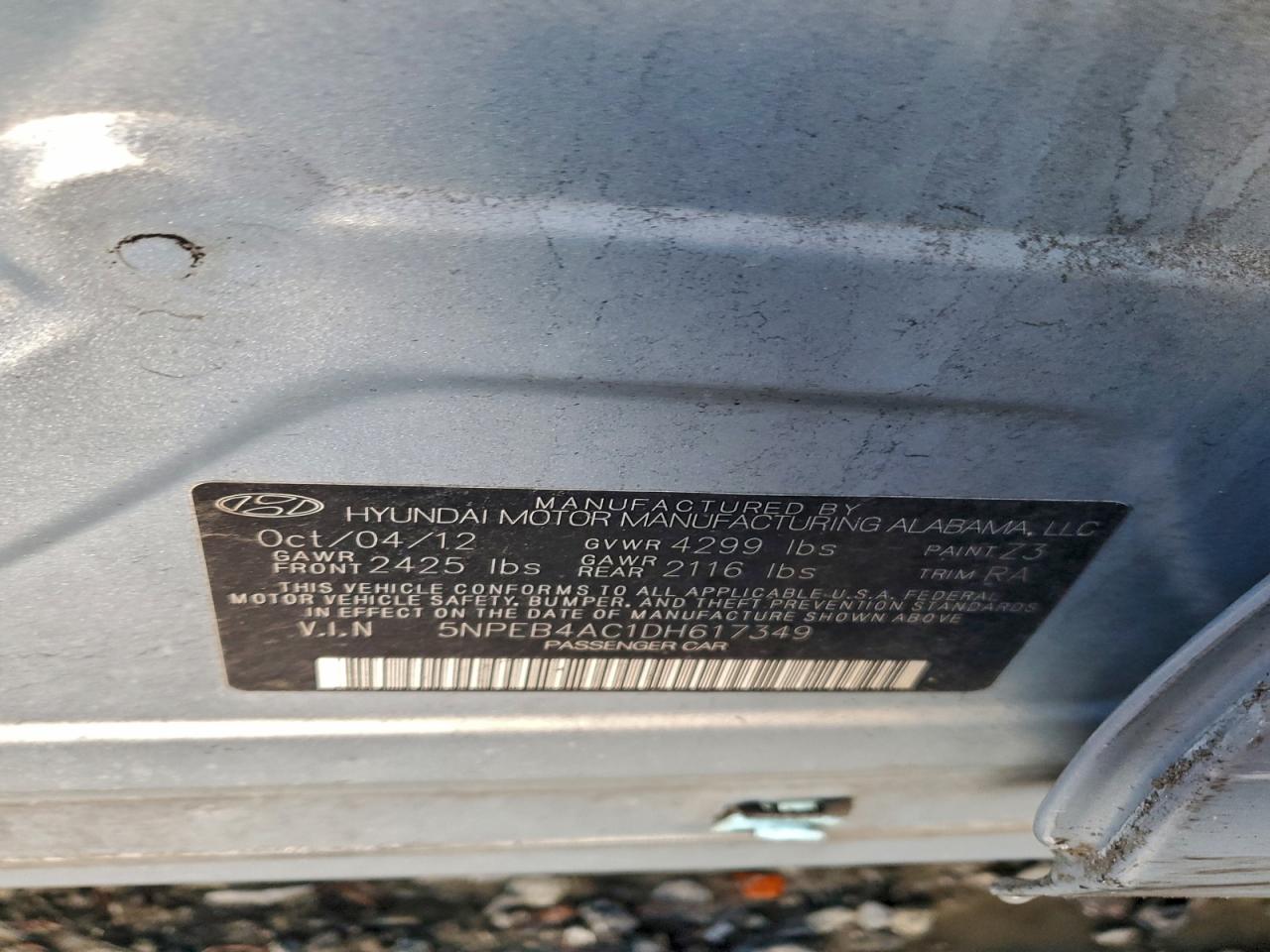 2013 Hyundai Sonata Gls VIN: 5NPEB4AC1DH617349 Lot: 96641525