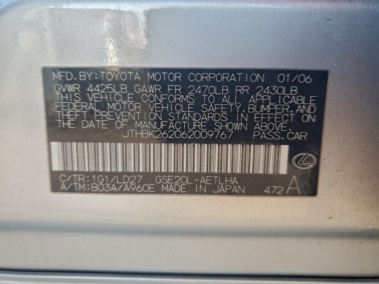 2006 Lexus Is 250 VIN: JTHBK262062009767 Lot: 95318215