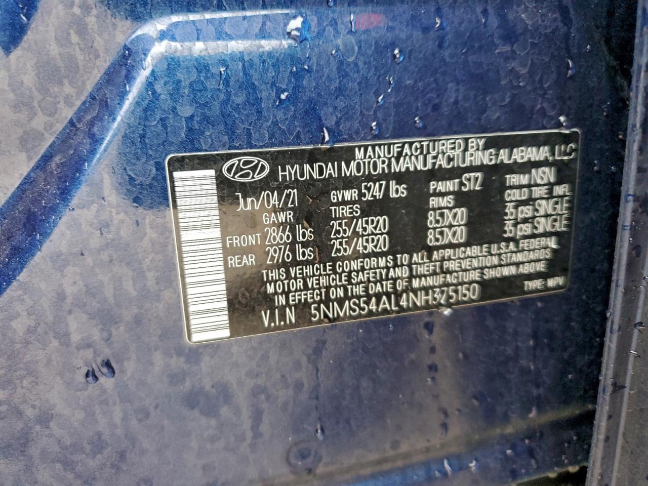 2022 Hyundai Santa Fe Calligraphy VIN: 5NMS54AL4NH375150 Lot: 95972785