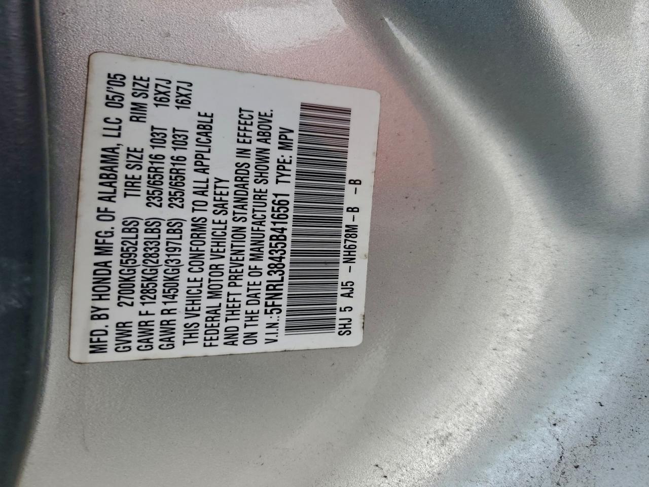 2005 Honda Odyssey Ex VIN: 5FNRL38435B416561 Lot: 96076455