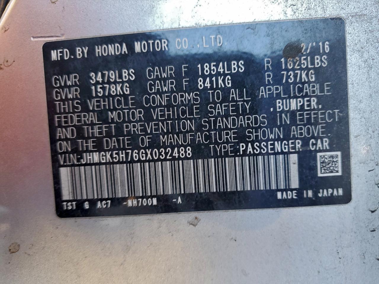 2016 Honda Fit Ex VIN: JHMGK5H76GX032488 Lot: 95309745