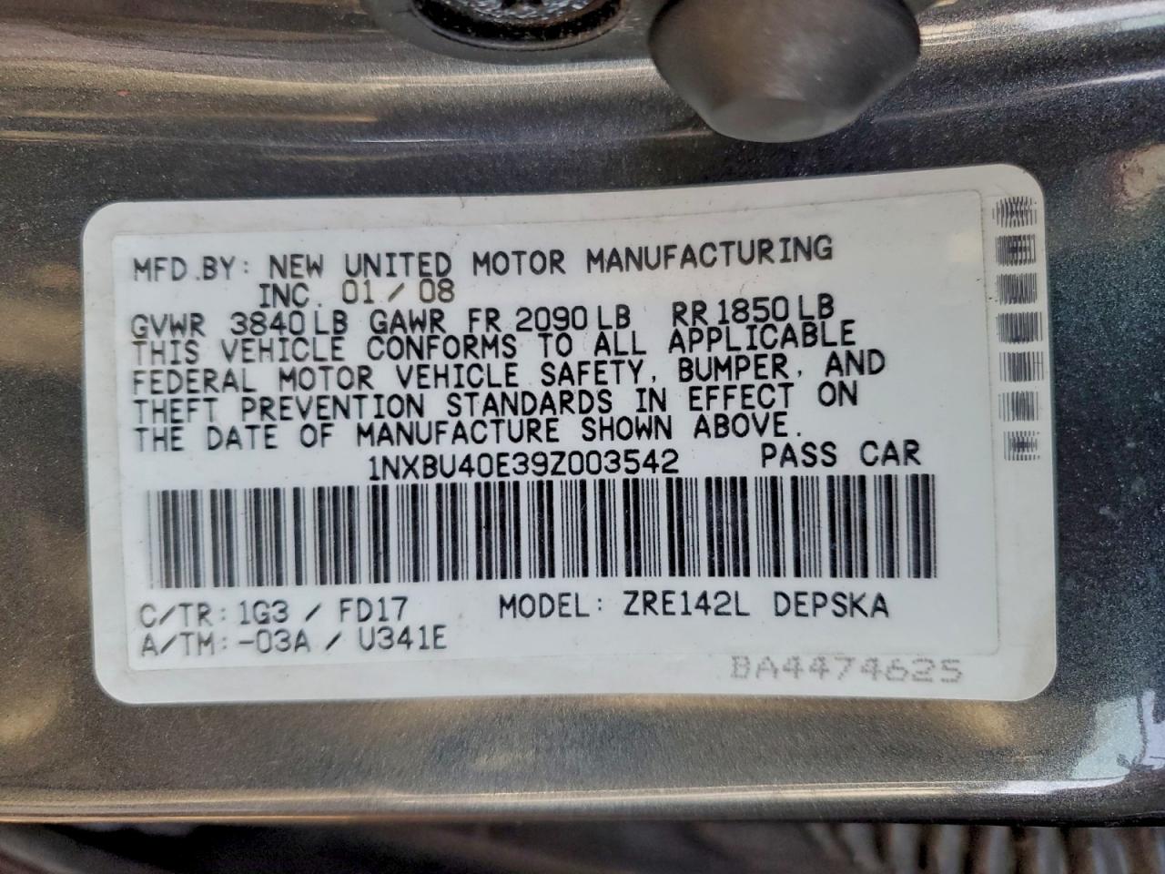 2009 Toyota Corolla Base VIN: 1NXBU40E39Z003542 Lot: 95528935