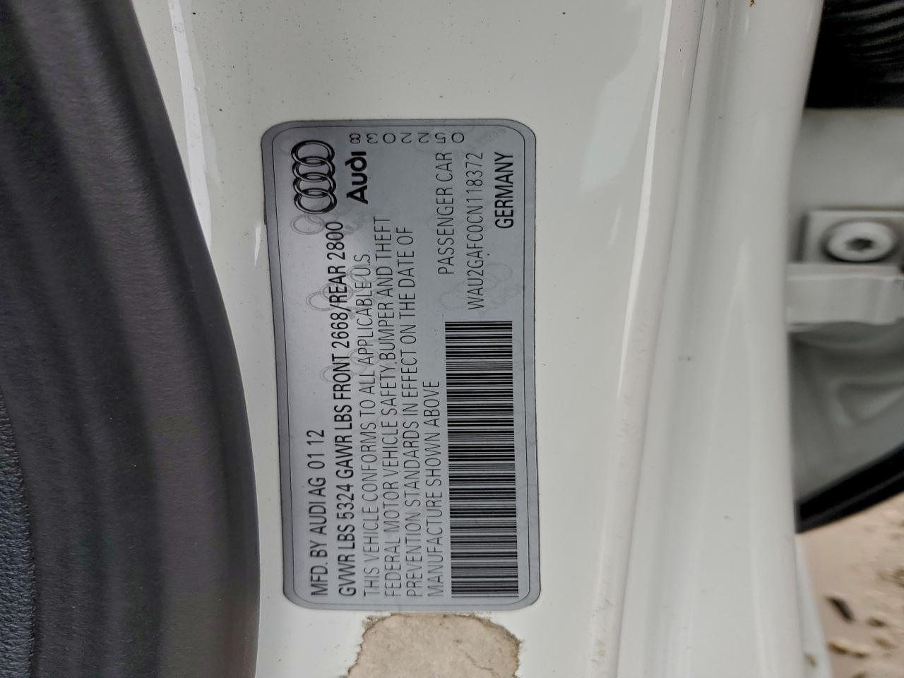 2012 Audi A7 Prestige VIN: WAU2GAFC0CN118372 Lot: 95497405