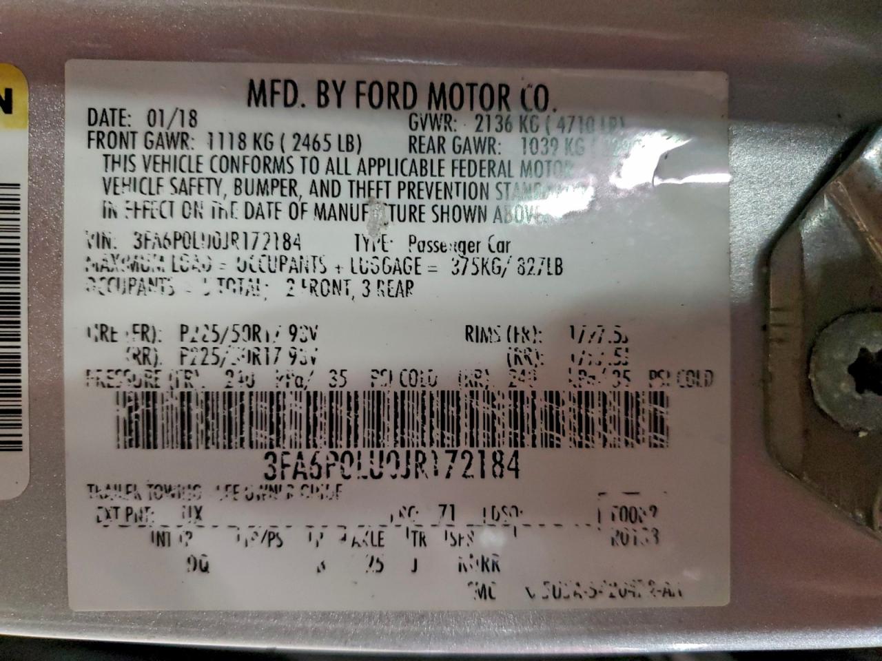 2018 Ford Fusion Se Hybrid VIN: 3FA6P0LU0JR172184 Lot: 95720685