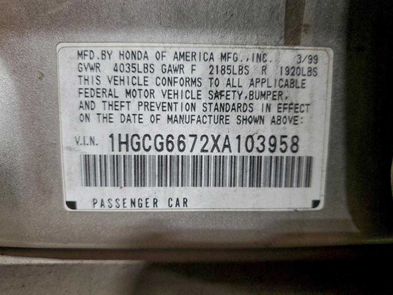 1999 Honda Accord Ex VIN: 1HGCG6672XA103958 Lot: 96318945