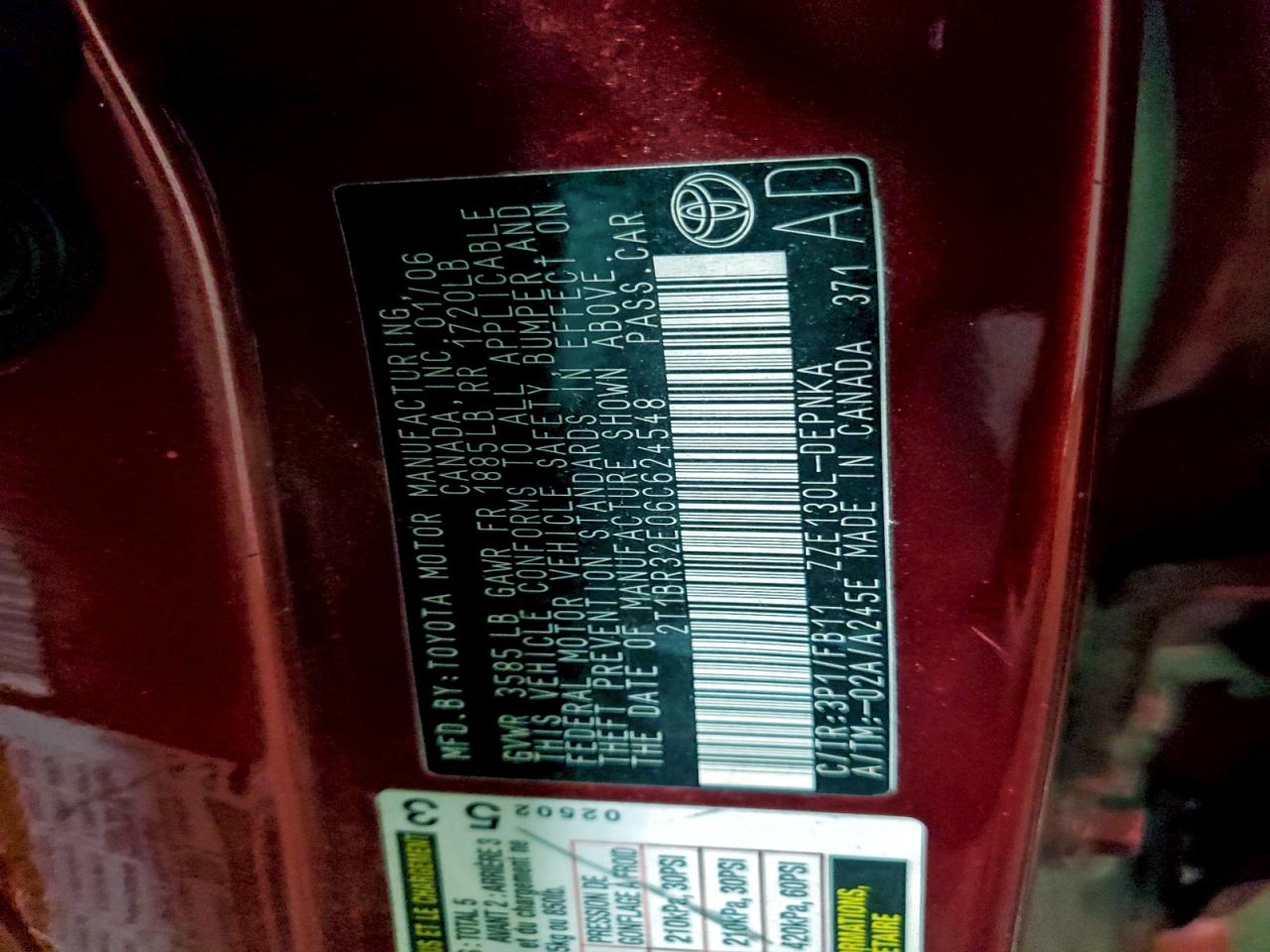 2006 Toyota Corolla Ce VIN: 2T1BR32E06C624548 Lot: 94952525