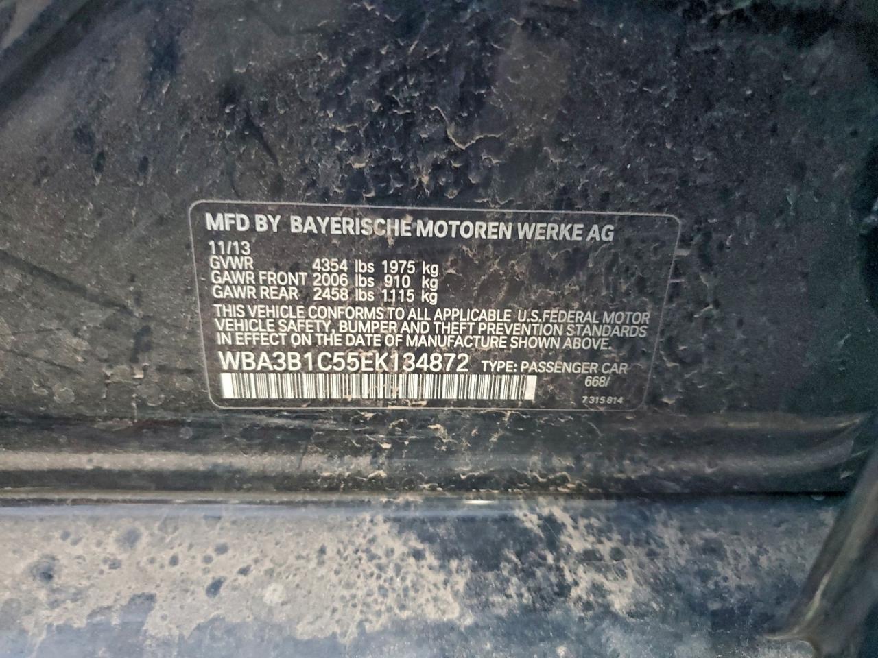 2014 BMW 320 I VIN: WBA3B1C55EK134872 Lot: 94820325