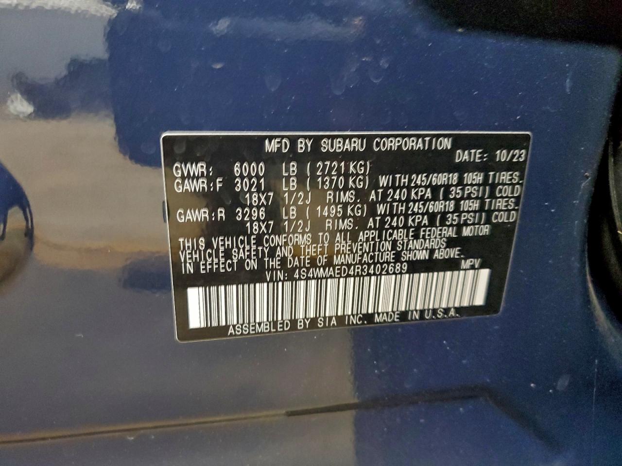 2024 Subaru Ascent Premium VIN: 4S4WMAED4R3402689 Lot: 94441585