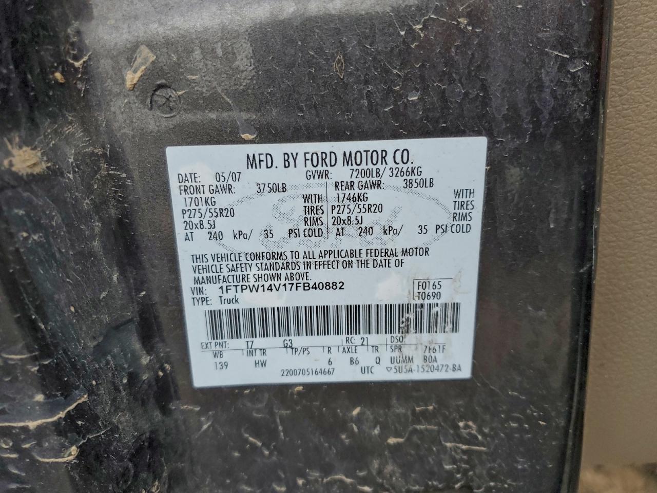 2007 Ford F150 Supercrew VIN: 1FTPW14V17FB40882 Lot: 96475275