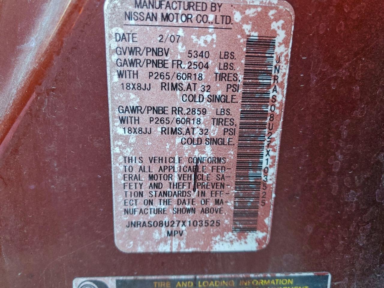 2007 Infiniti Fx35 VIN: JNRAS08U27X103525 Lot: 94799705