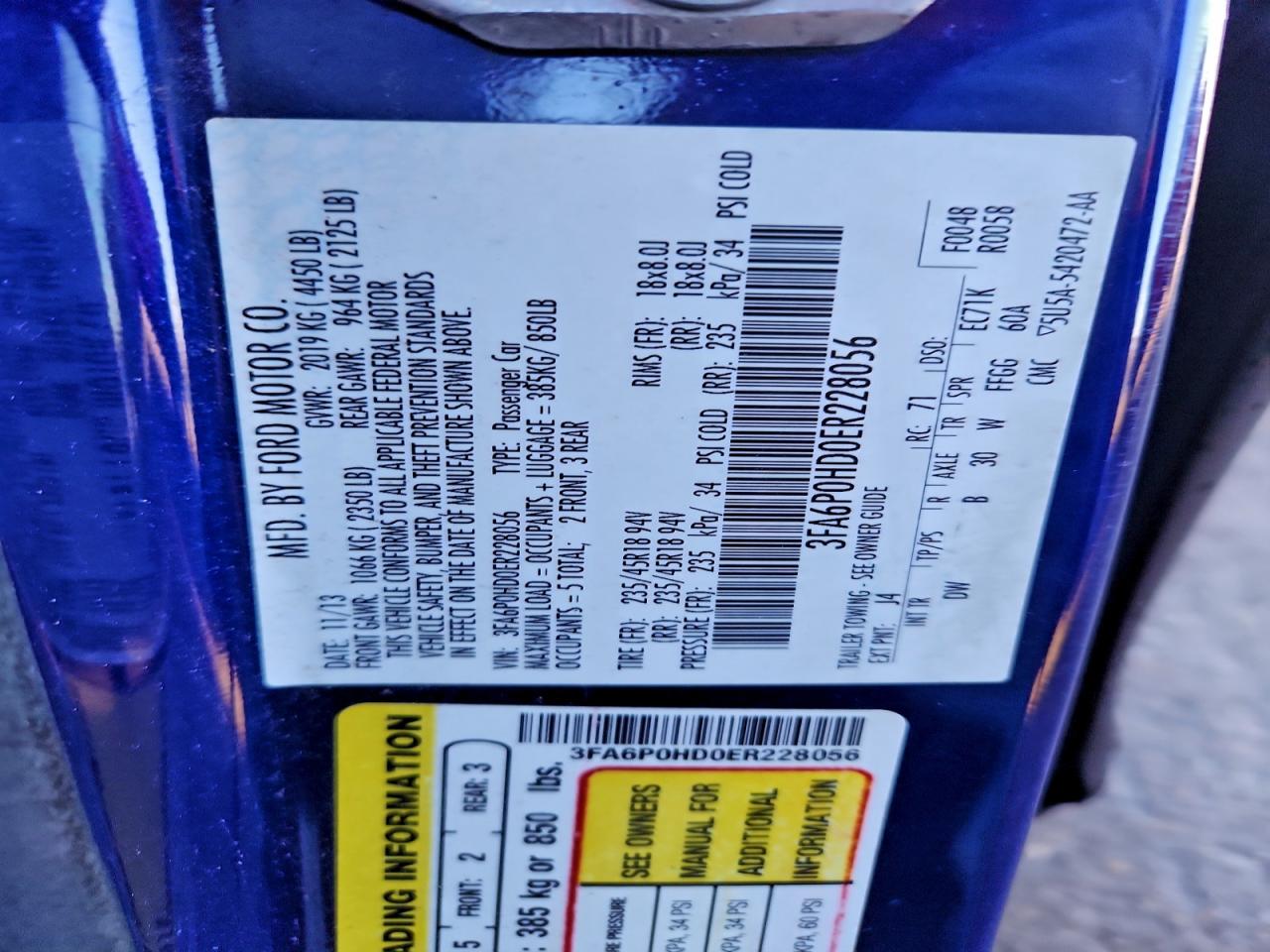 2014 Ford Fusion Se VIN: 3FA6P0HD0ER228056 Lot: 92318585