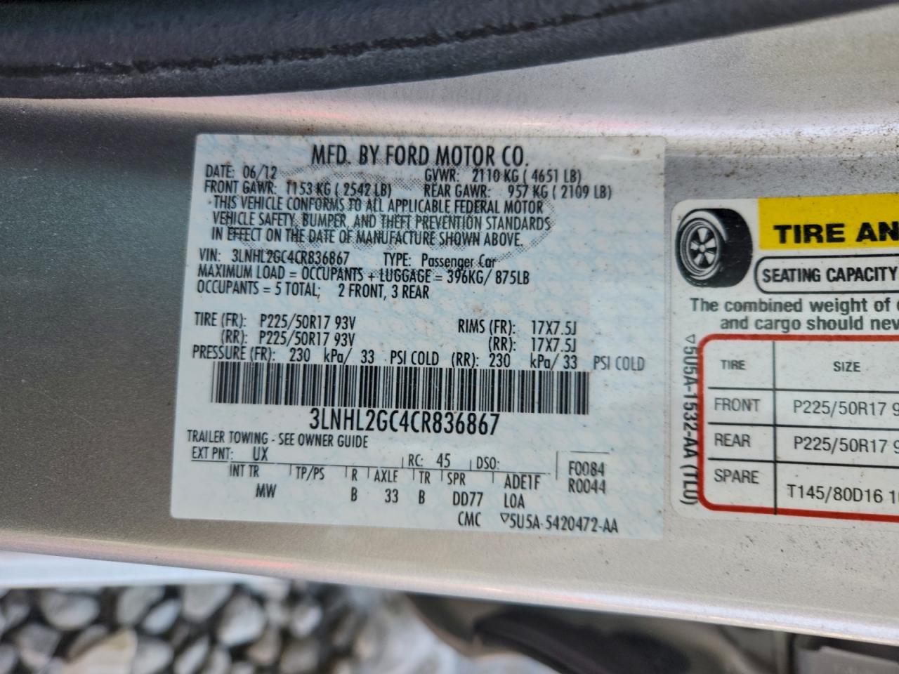 2012 Lincoln Mkz VIN: 3LNHL2GC4CR836867 Lot: 95761545