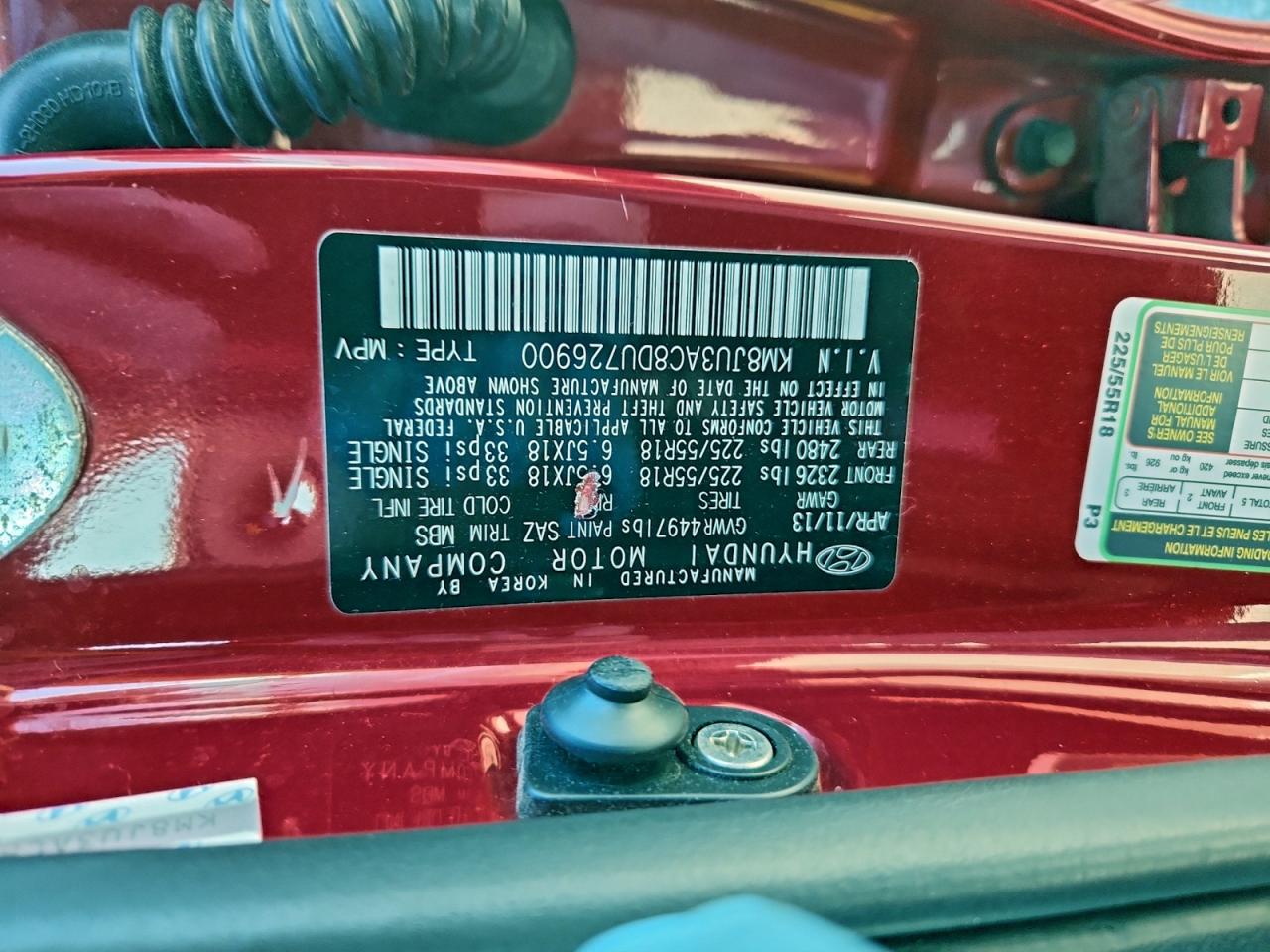 2013 Hyundai Tucson Gls VIN: KM8JU3AC8DU726900 Lot: 85442695