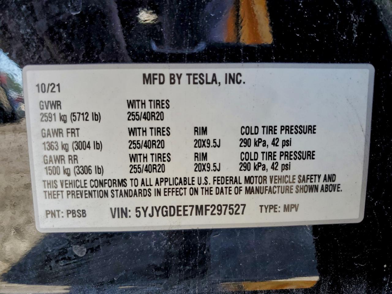 2021 Tesla Model Y VIN: 5YJYGDEE7MF297527 Lot: 92534565