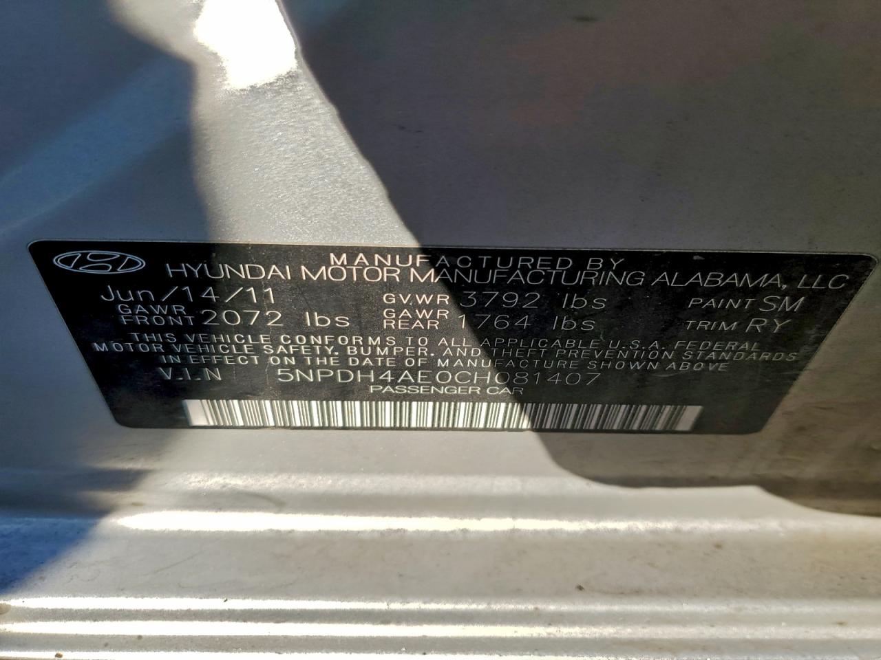 2012 Hyundai Elantra Gls VIN: 5NPDH4AE0CH081407 Lot: 95649615