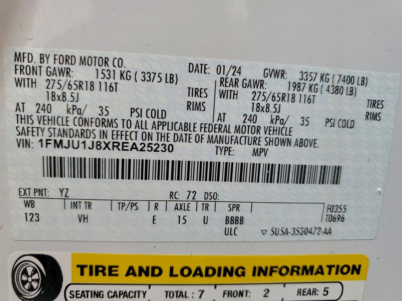 2024 Ford Expedition Xlt VIN: 1FMJU1J8XREA25230 Lot: 96932535