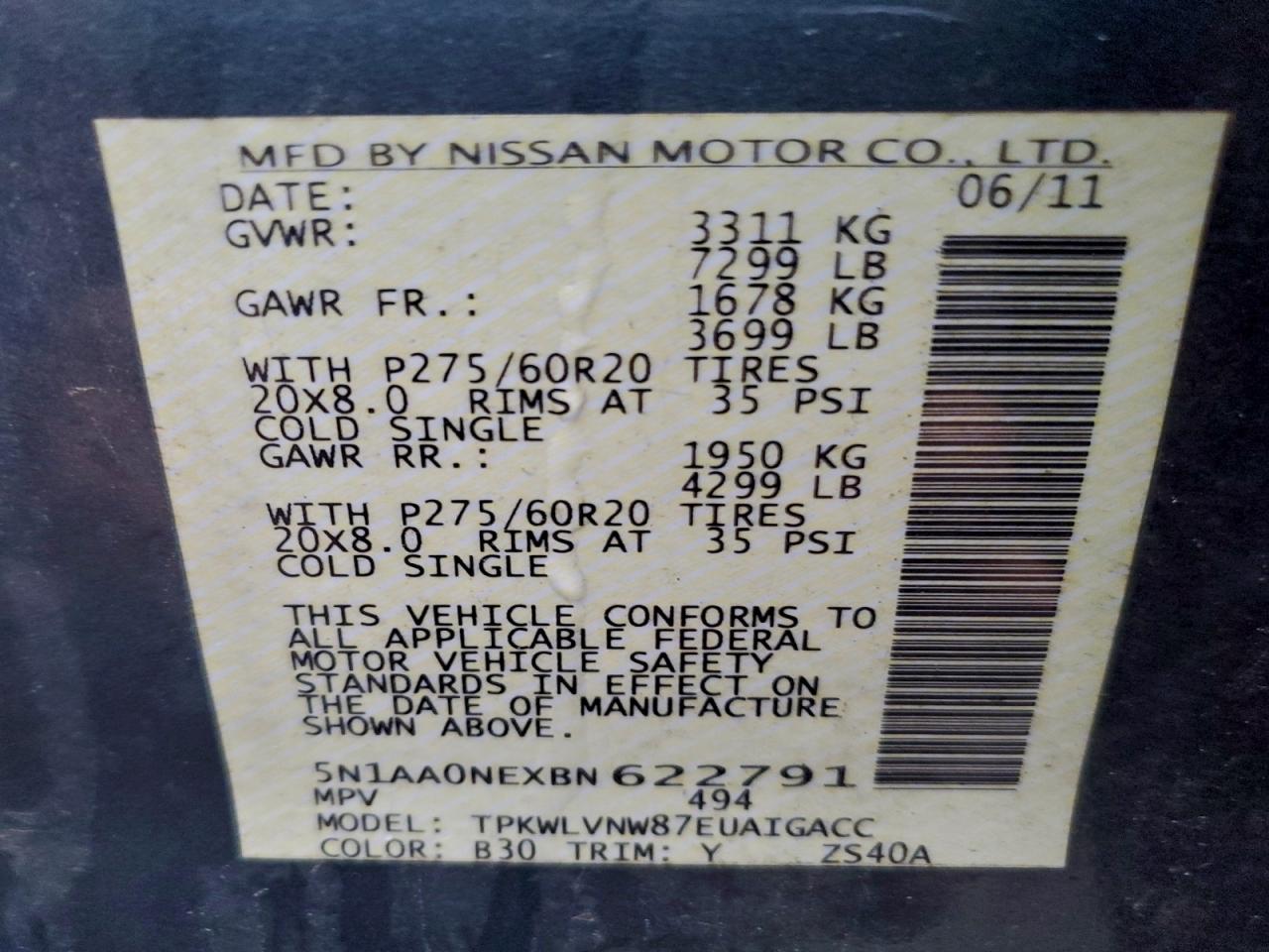 2011 Nissan Armada Platinum VIN: 5N1AA0NEXBN622791 Lot: 95310185