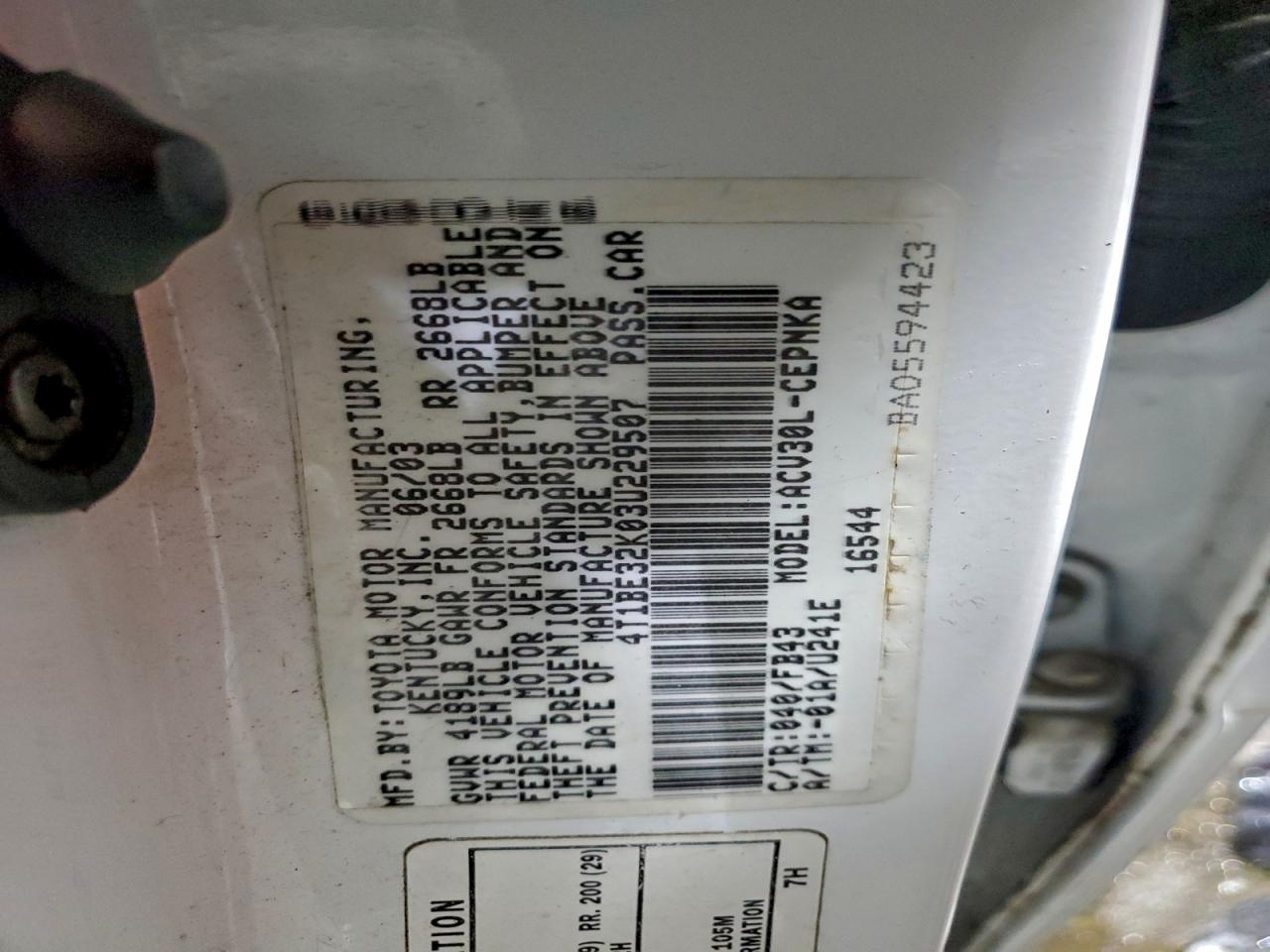 2003 Toyota Camry Le VIN: 4T1BE32K03U229507 Lot: 95835805