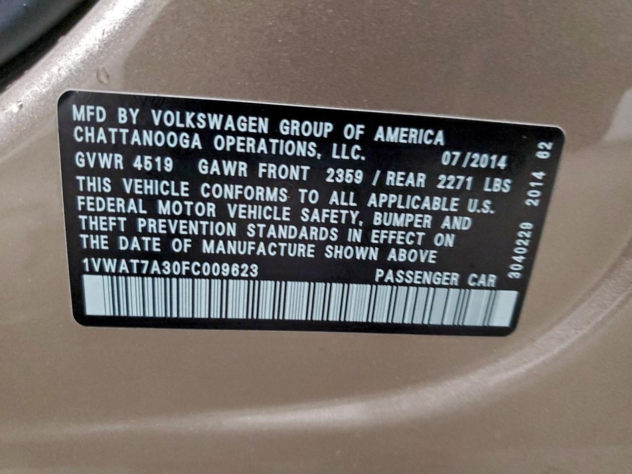 2015 Volkswagen Passat S VIN: 1VWAT7A30FC009623 Lot: 95793915