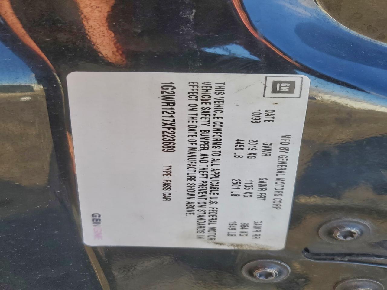 1999 Pontiac Grand Prix Gtp VIN: 1G2WR1217XF223689 Lot: 94190295