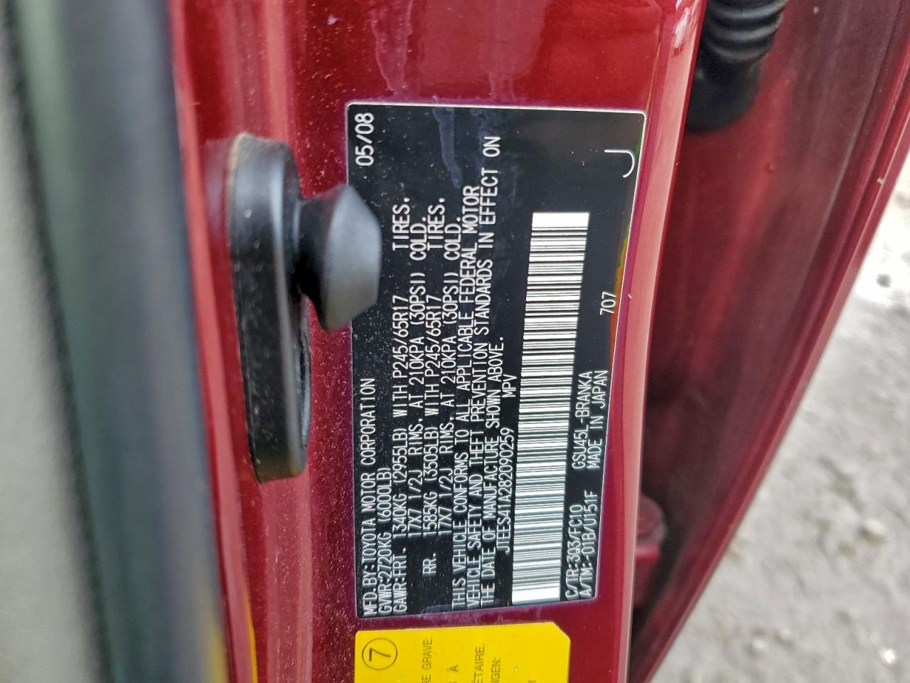 2008 Toyota Highlander VIN: JTEES41A282090259 Lot: 95326985