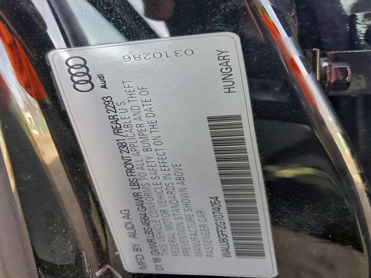 2016 Audi A3 Premium Plus S-Line VIN: WAUJ8GFF2G1074054 Lot: 94075055