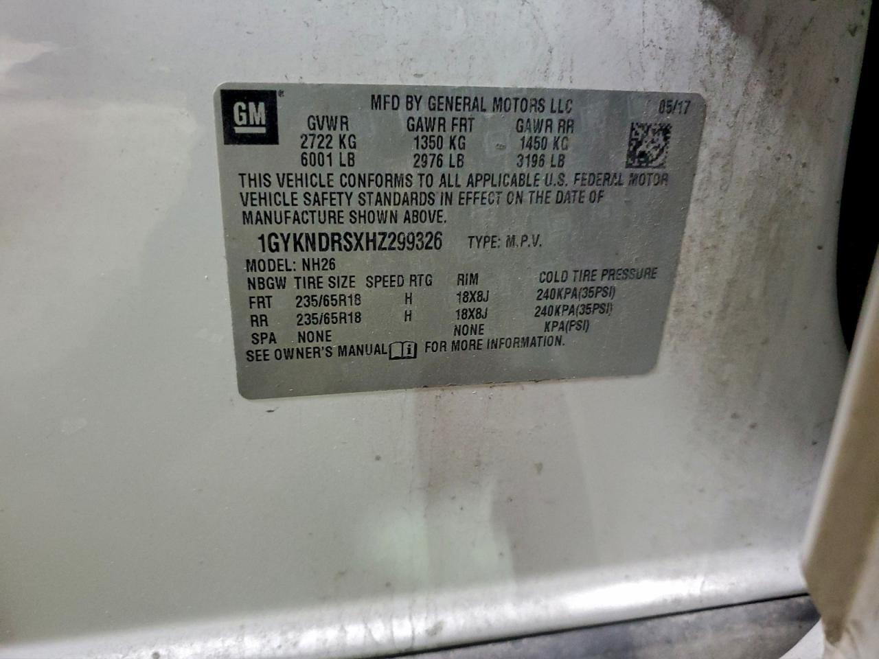 2017 Cadillac Xt5 Luxury VIN: 1GYKNDRSXHZ299326 Lot: 96235215