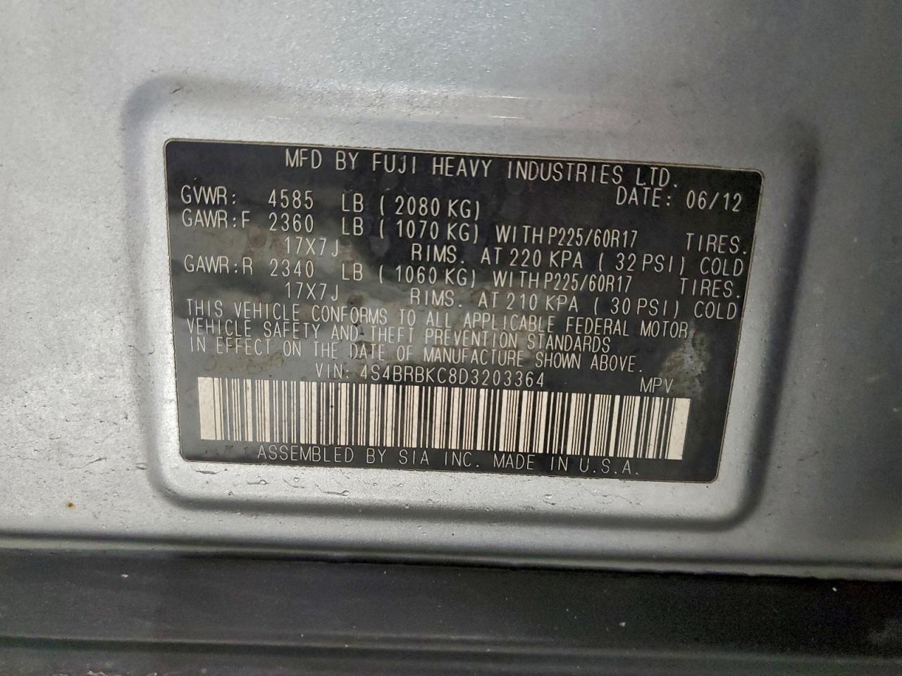 2013 Subaru Outback 2.5I Limited VIN: 4S4BRBKC8D3203364 Lot: 94968295