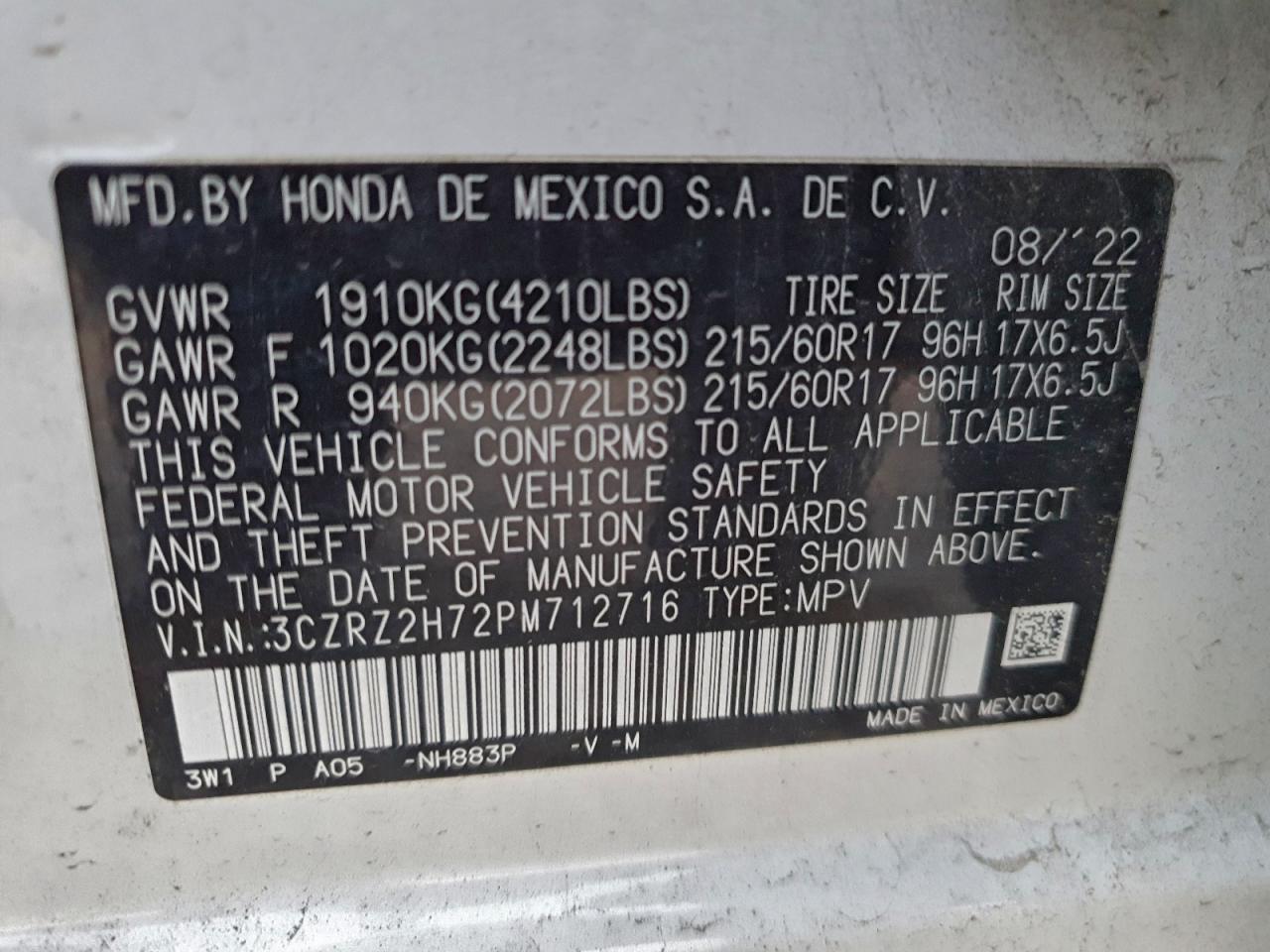 2023 Honda Hr-V Exl VIN: 3CZRZ2H72PM712716 Lot: 96049525