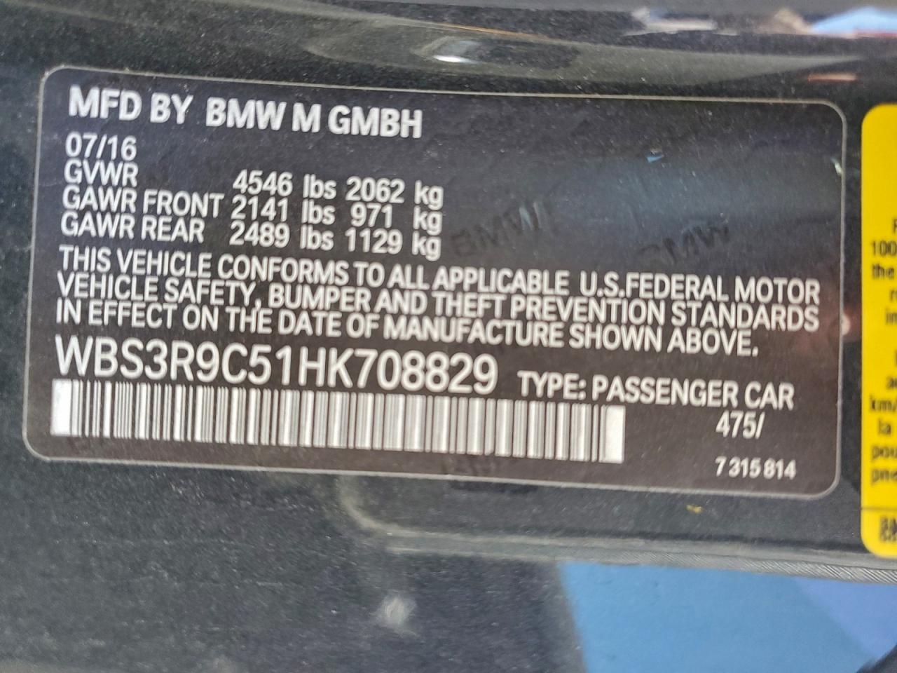 2017 BMW M4 VIN: WBS3R9C51HK708829 Lot: 95943385