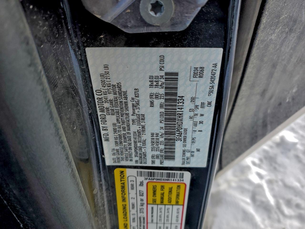 2017 Ford Fusion Se VIN: 3FA6P0HDXHR141334 Lot: 94485755