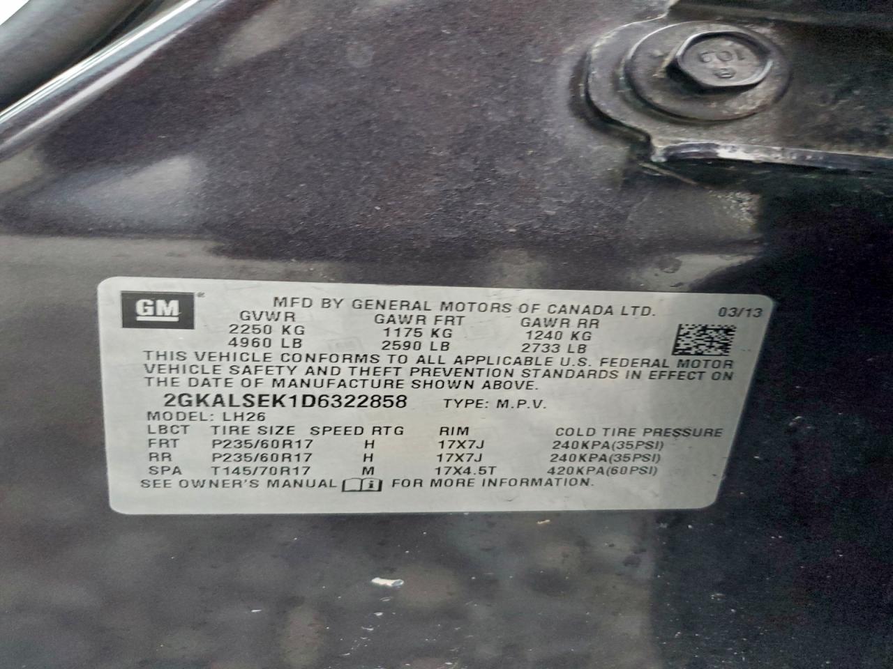 2013 GMC Terrain Sle VIN: 2GKALSEK1D6322858 Lot: 95680685