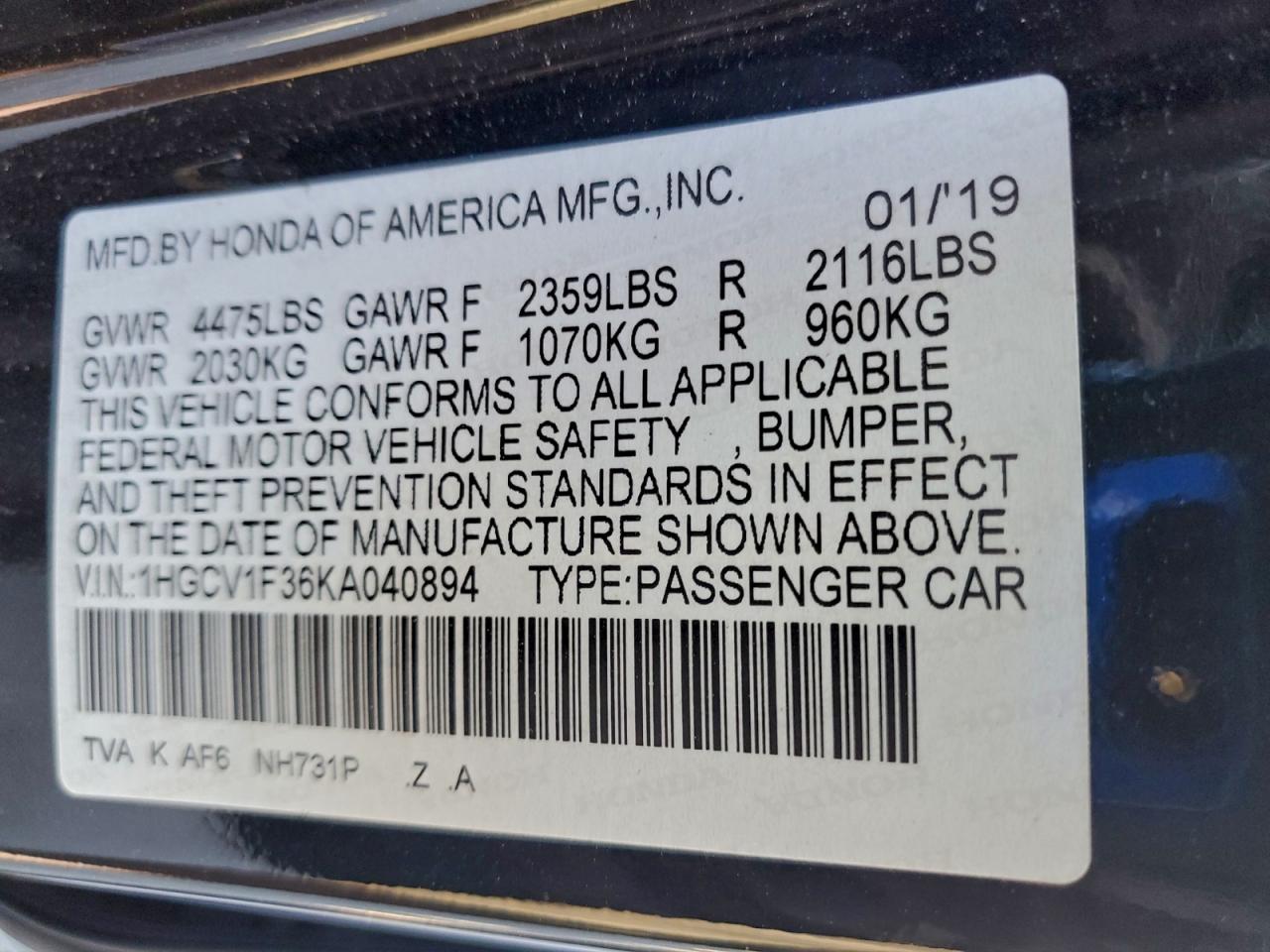 2019 Honda Accord Sport VIN: 1HGCV1F36KA040894 Lot: 94196755