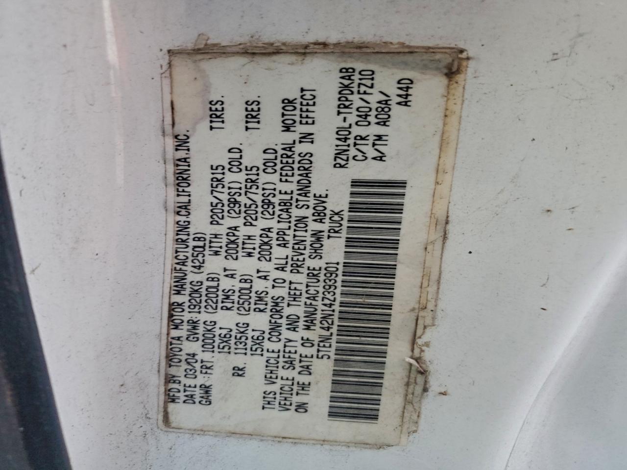 2004 Toyota Tacoma VIN: 5TENL42N14Z393901 Lot: 95465585