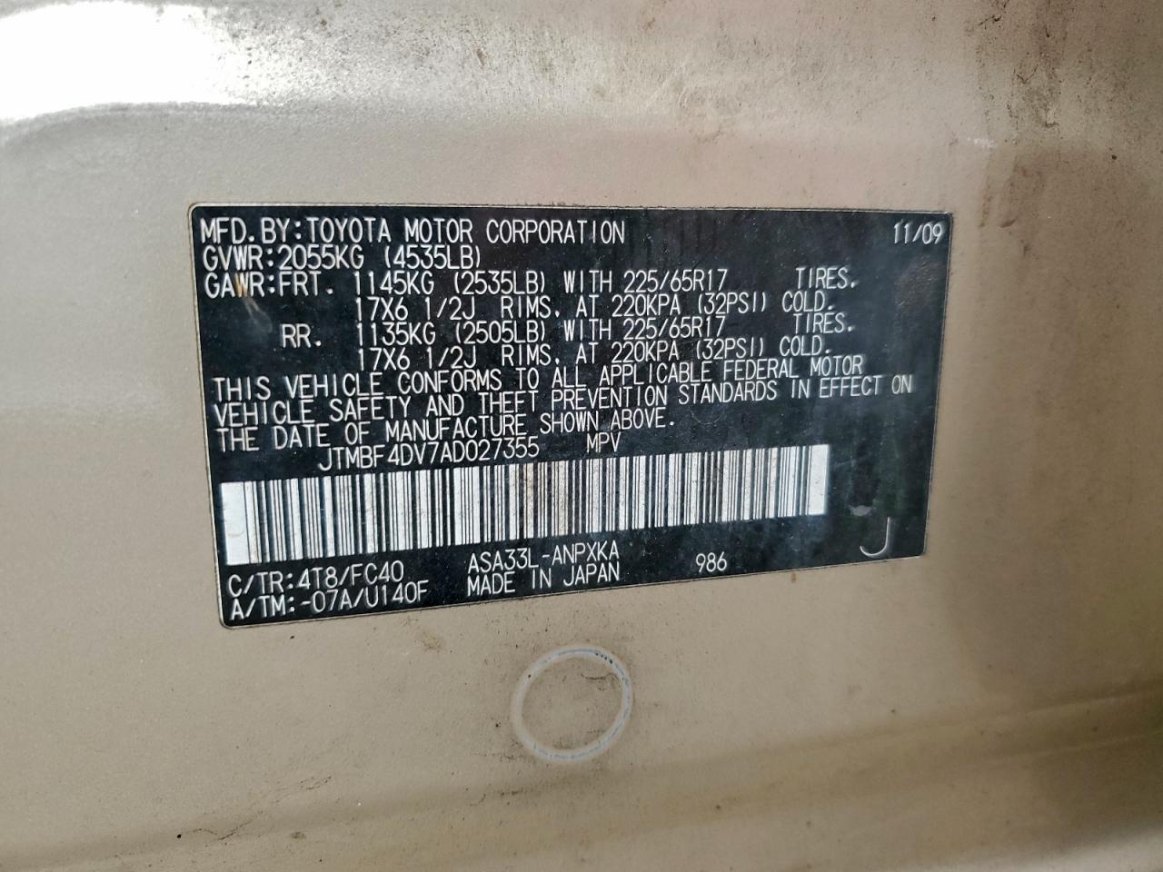 2010 Toyota Rav4 VIN: JTMBF4DV7AD027355 Lot: 96037735