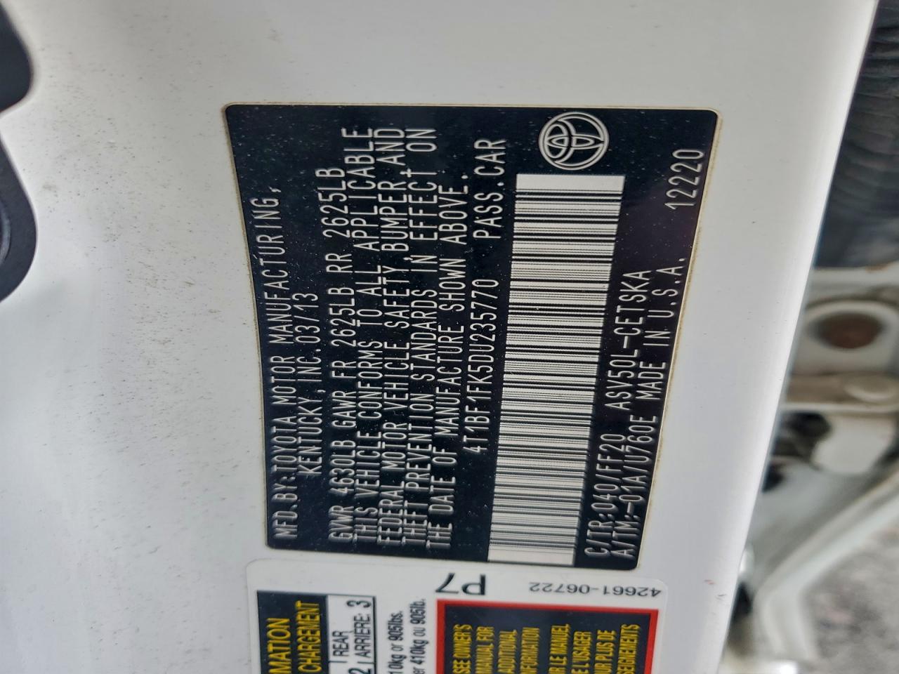 2013 Toyota Camry L VIN: 4T1BF1FK5DU235770 Lot: 95626945