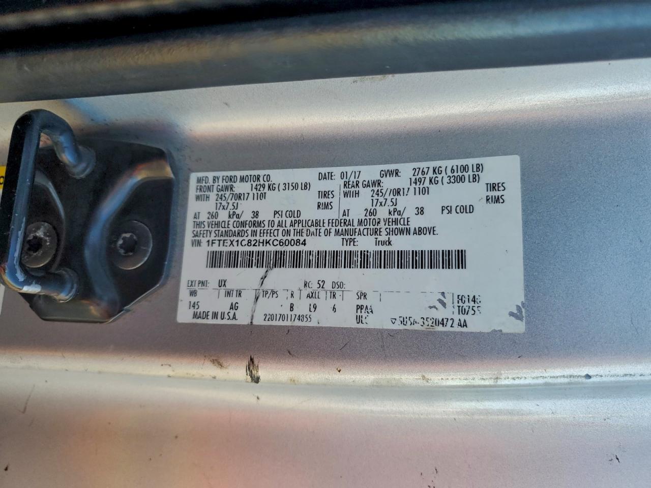 2017 Ford F150 Super Cab VIN: 1FTEX1C82HKC60084 Lot: 96935595