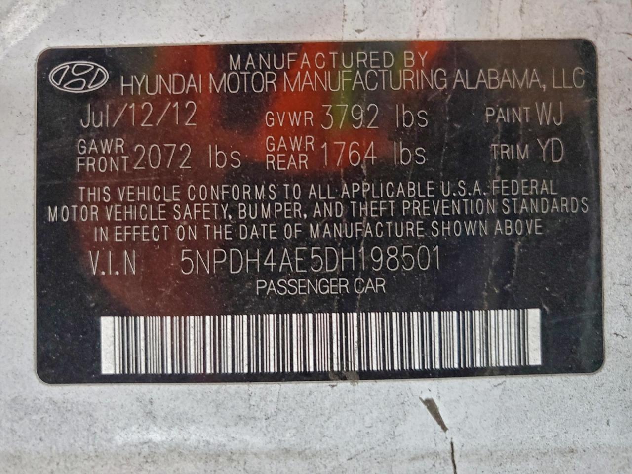 2013 Hyundai Elantra Gls VIN: 5NPDH4AE5DH198501 Lot: 95209205