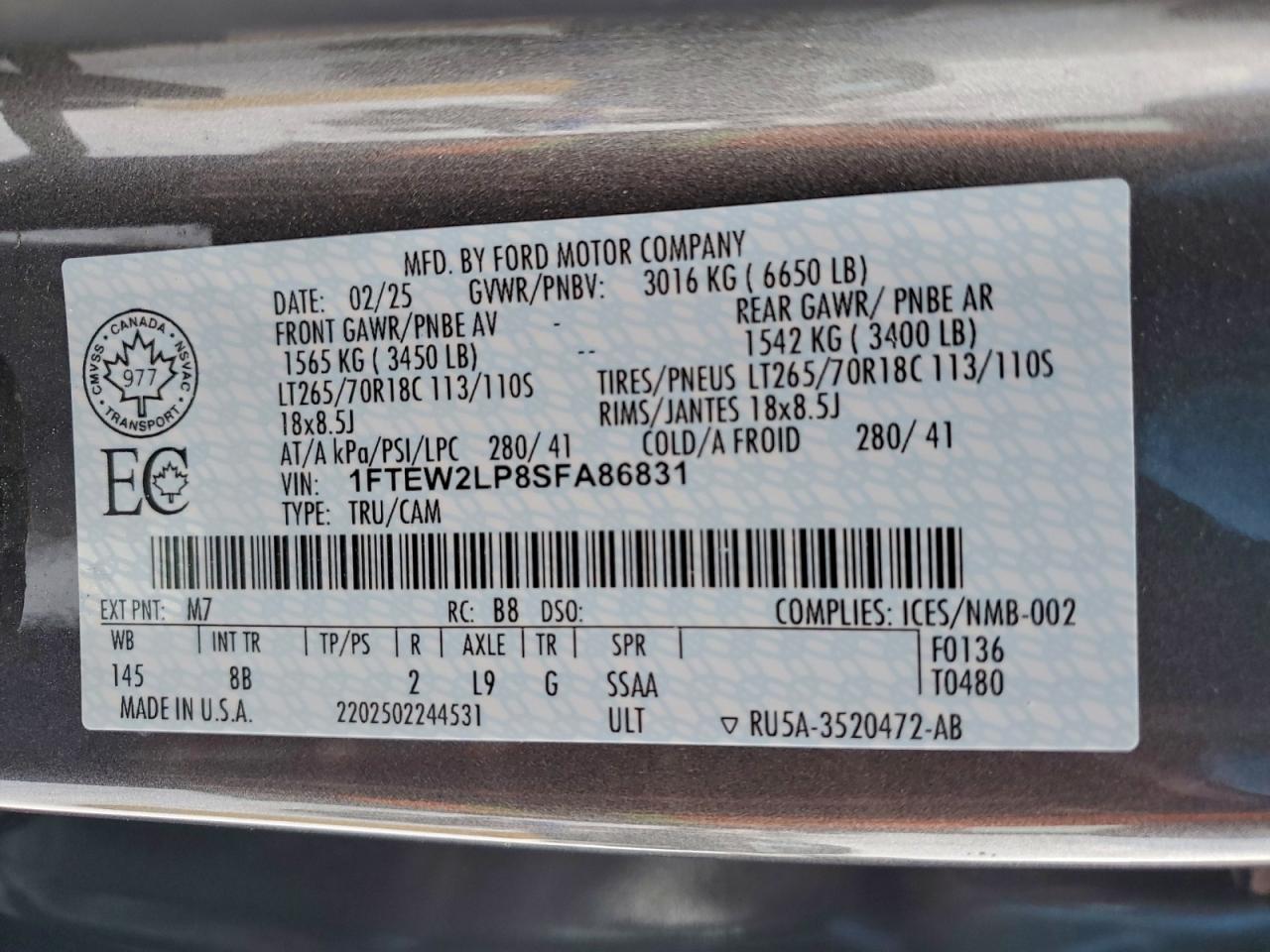 2025 Ford F150 Stx VIN: 1FTEW2LP8SFA86831 Lot: 94432415